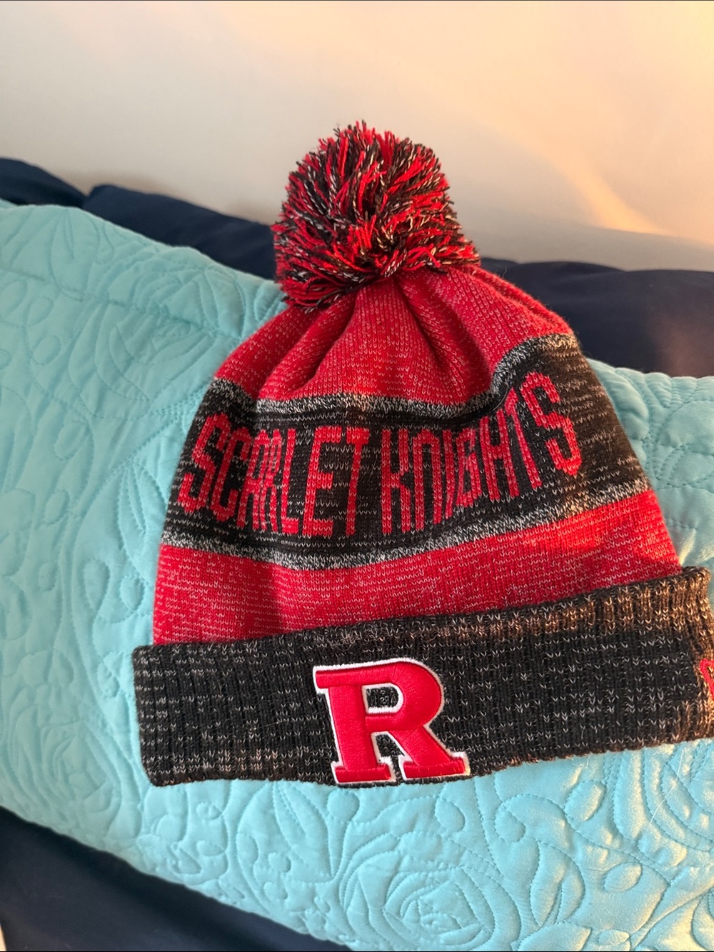 Scarlet Knights Red and Gray Pom Beanie